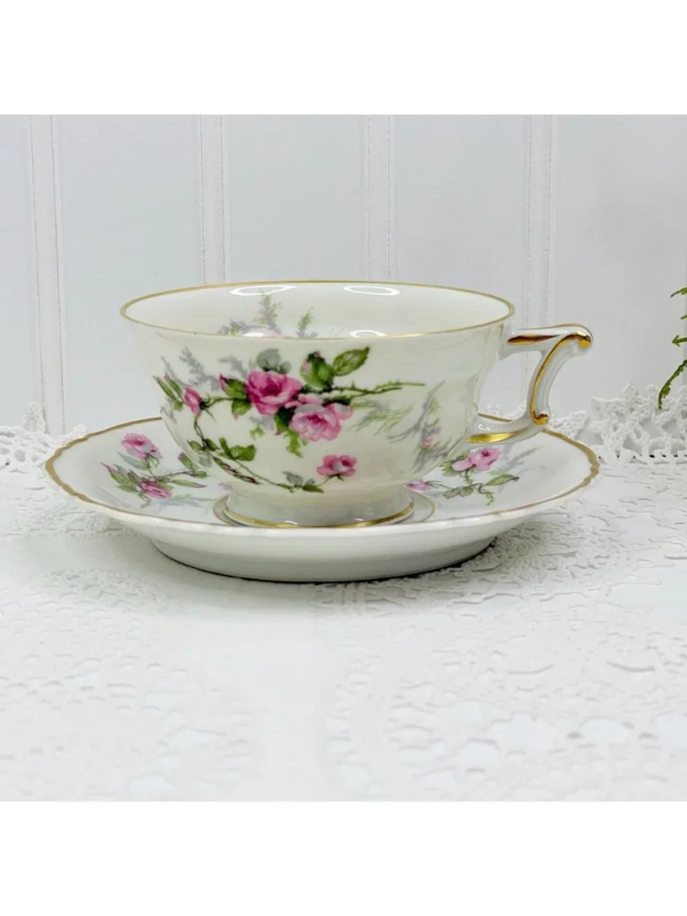 VTG Set of 5 Haviland Limoges Sylvia Teacups & Saucers Pink Roses Cottagecore